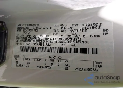 2015 Ford F-150 Xlt z USA, uszkodzony, nr VIN 1FTEW1EG3FFB41733